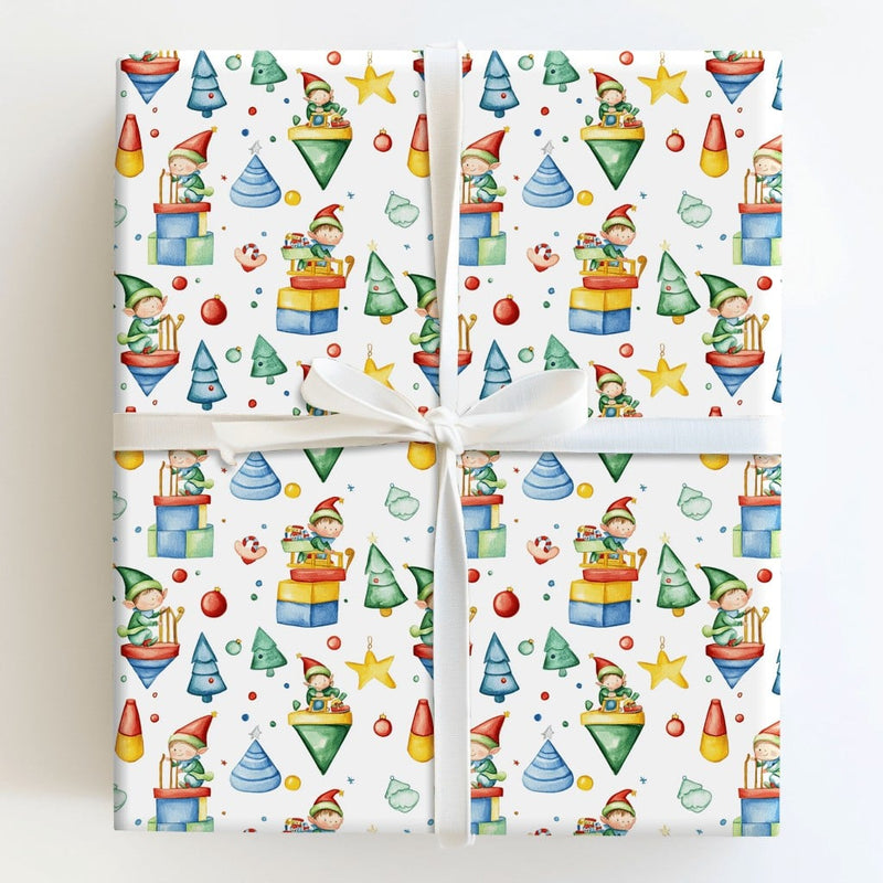 Whimsical Holiday Toy Gift Wrap, Watercolor Christmas Elves Wrapping Paper, Adorable Kids Xmas Wrapping Paper, Retro Toy Elf Holiday Present Paper