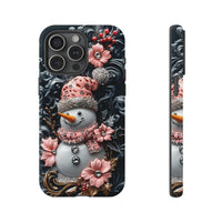 3D Winter Holiday Phone Case, Pink Jeweled Floral Snowman iPhone Case, Adorable Festive Tough Phone Cover, Christmas Phone Case Present for Her