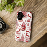 Red Toile Reindeer Phone Case, Vintage Santa Christmas Phone Case for iPhone, Holiday Snowflake Phone Cover, Dual Layer Tough Case for Her