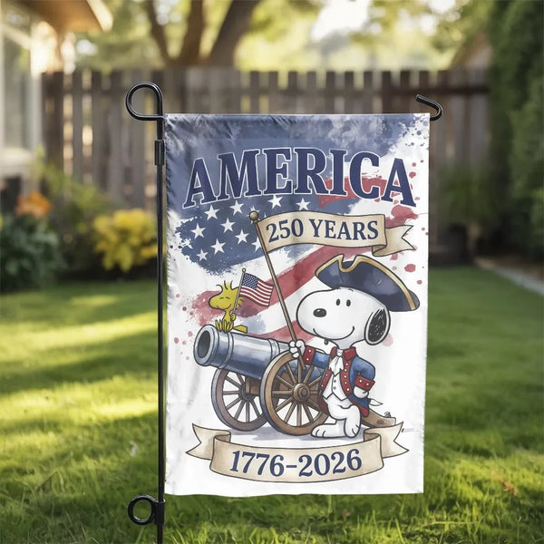 Patriotic America 250 Years Garden Flag | Revolutionary War Cartoon Dog & Cannon | Double-Sided Premium Polyester | 1776-2026 USA Semiquincentennial Gift