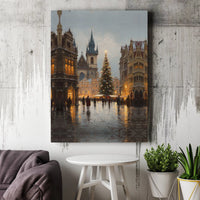 Old Town Square Winter Canvas Wall Art, Prague Christmas Market Canvas Print, European Travel Holiday Canvas, Festive Cityscape Print