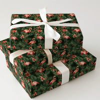 Dark Green Flamingo Gift Wrap, Tropical Christmas Wrapping Paper, Pink Flamingo Poinsettia Holiday Wrapping Paper, Festive Winter Gift Wrap