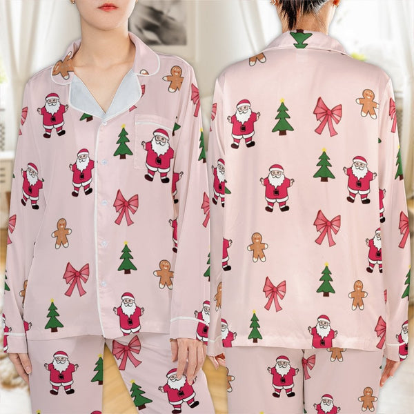 Santa Gingerbread Pajamas, Christmas Satin Pajamas Set, Silky Holiday Sleepwear, Festive Winter Loungewear Set, Holiday Prese