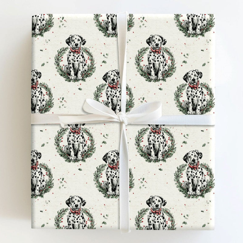 Dog Wreath Holiday Gift Wrap, Dalmatian Christmas Wrapping Paper, Puppy Lover Festive Wrapping Paper, Adorable Dog Holiday Gift Wrap Roll