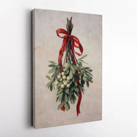Christmas Botanical Print with Red Ribbon, Vintage Mistletoe Wall Art, Festive Holiday Poster, Digital Download Winter Wall Decor Print