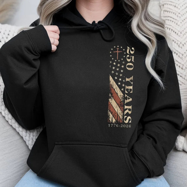 America 250 Years Hoodie | Vintage Patriotic Flag Cross Design 1776-2026 | Soft Cotton Blend Unisex Pullover | Gift for History Lovers