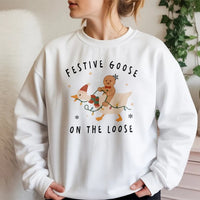 Humorous Christmas Goose Crewneck, Festive Goose on the Loose Sweatshirt, Gingerbread Man Riding Goose Pullover, Holiday Sweater Present