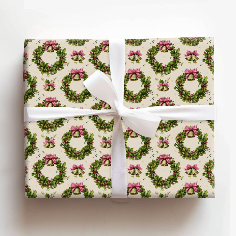 Vintage Christmas Gift Wrap, Holly Wreath Wrapping Paper, Gold Bells Holiday Wrapping Paper, Pink Bow Christmas Gift Wrap Roll