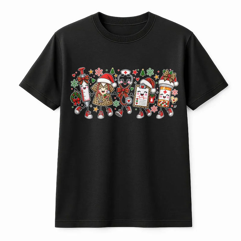 Adorable Medical Squad Christmas Tee, Christmas Nurse T-Shirt, Festive Syringe Pill Bottle Shirt, RN Holiday Present, Healthcare Worker Xmas Tee