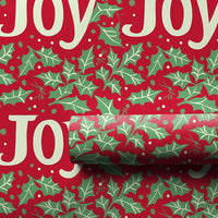 Red Holly Berry Gift Wrap, JOY Christmas Wrapping Paper, Festive Holiday Wrapping Paper, Xmas Gift Wrap Roll, Winter Present Wrapping Paper
