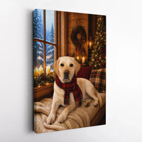 Plaid Scarf Dog Canvas Print, Yellow Labrador Christmas Canvas Art, Comfy Cabin Winter Wall Decor, Lab Dog Lover Holiday Present