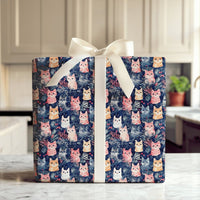 Watercolor Kitten Gift Wrap, Christmas Cat Wrapping Paper, Festive Holiday Wrapping Paper, Navy Winter Gift Wrap, Cat Lover Present Wrap
