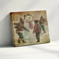 Children Snowball Fight Canvas Print, Vintage Winter Snowman Canvas Wall Art, Nostalgic Christmas Canvas Decor, Holiday Wall Art Present