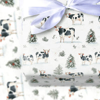 Watercolor Winter Cattle Gift Wrap, Farmhouse Cow Wrapping Paper, Rustic Pine Tree Christmas Wrapping Paper, Animal Lover Gift Wrap