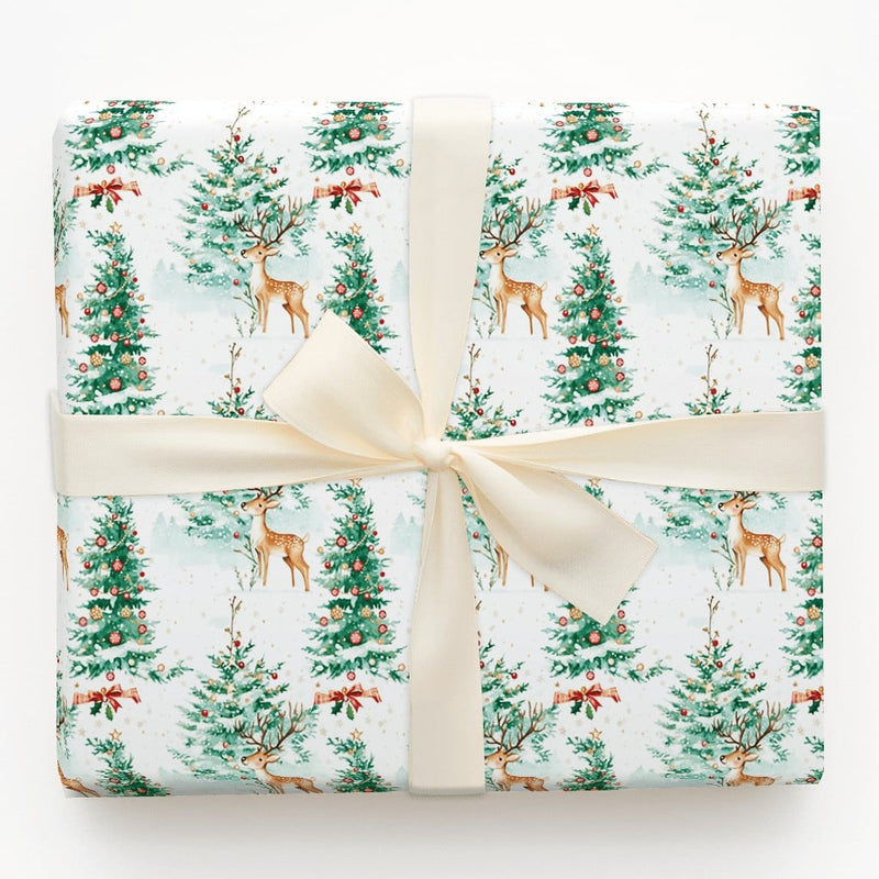 Snowy Forest Christmas Wrapping Paper, Watercolor Reindeer Wrapping Paper, Winter Tree Gift Wrap, Holiday Present Wrapping Paper