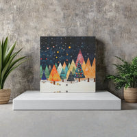 Folk Art Winter Forest Canvas Print, Whimsical Christmas Trees Wall Art, Colorful Snowy Night Poster, Holiday Decor, Digital Download