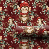 Adorable Santa Hat Monkey Gift Wrap, Christmas Monkey Wrapping Paper, Festive Winter Animal Wrapping Paper, Holiday Gift Wrapping Paper