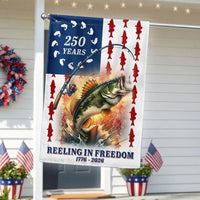 Bass Fishing Garden Flag | 250 Years Reeling in Freedom American Flag Design | Double-Sided Polyester | Patriotic Gift for Fishermen