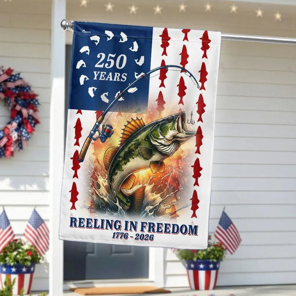 Bass Fishing Garden Flag | 250 Years Reeling in Freedom American Flag Design | Double-Sided Polyester | Patriotic Gift for Fishermen