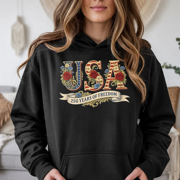 USA 250 Years of Freedom Hoodie | Vintage Floral American Flag Design | Premium Cotton Tee | Patriotic Gift for Fourth of July 2026