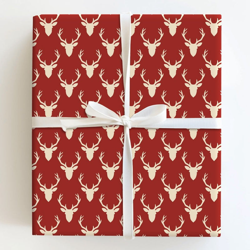 Rustic Cream Antler Holiday Gift Wrap, Red Stag Deer Wrapping Paper, Woodland Buck Christmas Present Paper, Cabin Christmas Wrapping Paper