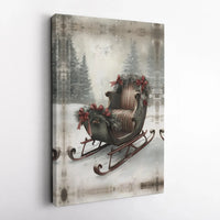 Snowy Forest Holiday Poster, Vintage Christmas Sleigh Wall Art, Winter Sled Landscape Art Print, Festive Digital Download Present