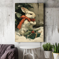 White Rabbit with Red Bow Wall Art, Vintage Christmas Bunny Canvas, Festive Holiday Woodland Canvas Print, Winter Animal Wall Decor