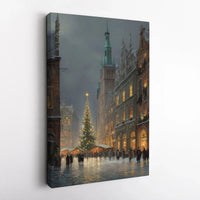 Snowy Old Town Square Canvas, European Christmas Market Canvas Art, Festive Winter Cityscape Wall Art, Christmas Market Canvas, Holiday Present