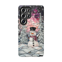 Winter Snowy Trees Samsung Galaxy Tough Phone Case, Stained Glass Snowman Phone Case, Holiday Season Hard Cover, Christmas Phone Case Present