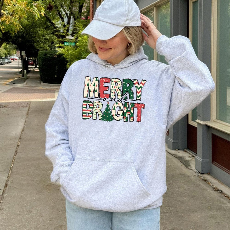 Christmas Pattern Sweatshirt, Merry and Bright Hoodie, Adorable Xmas Holiday Pullover Hoodie, Comfy Winter Graphic Hooded Sweatshirt, Xmas Present