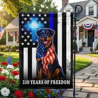 Rottweiler American Flag Garden Flag | 250 Years of Freedom Thin Blue Line | Double-Sided Polyester | Patriotic Christian Home Decor