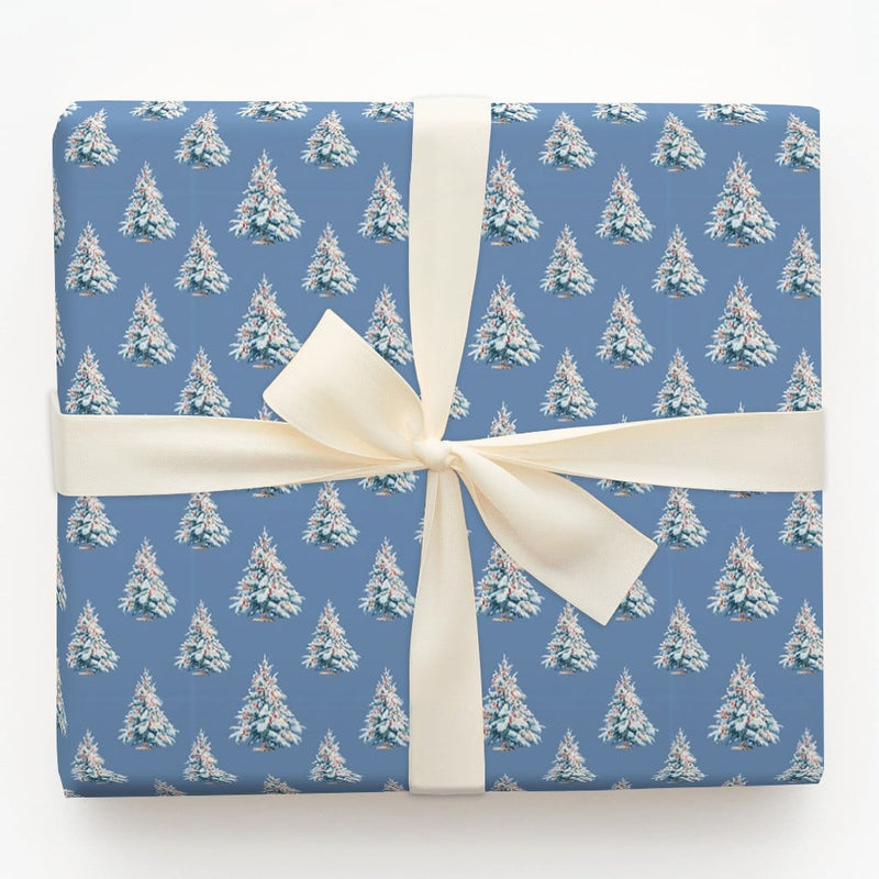 Dusty Blue Winter Gift Wrap, Snowy Christmas Tree Wrapping Paper, Realistic Pine Tree Wrapping Paper, Forest Holiday Gift Wrap Roll