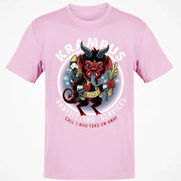 Humorous Christmas Horror Graphic Tee, Krampus Babysitting Service T-Shirt, Spooky Holiday Folklore Shirt, Alpine Demon Winter Top