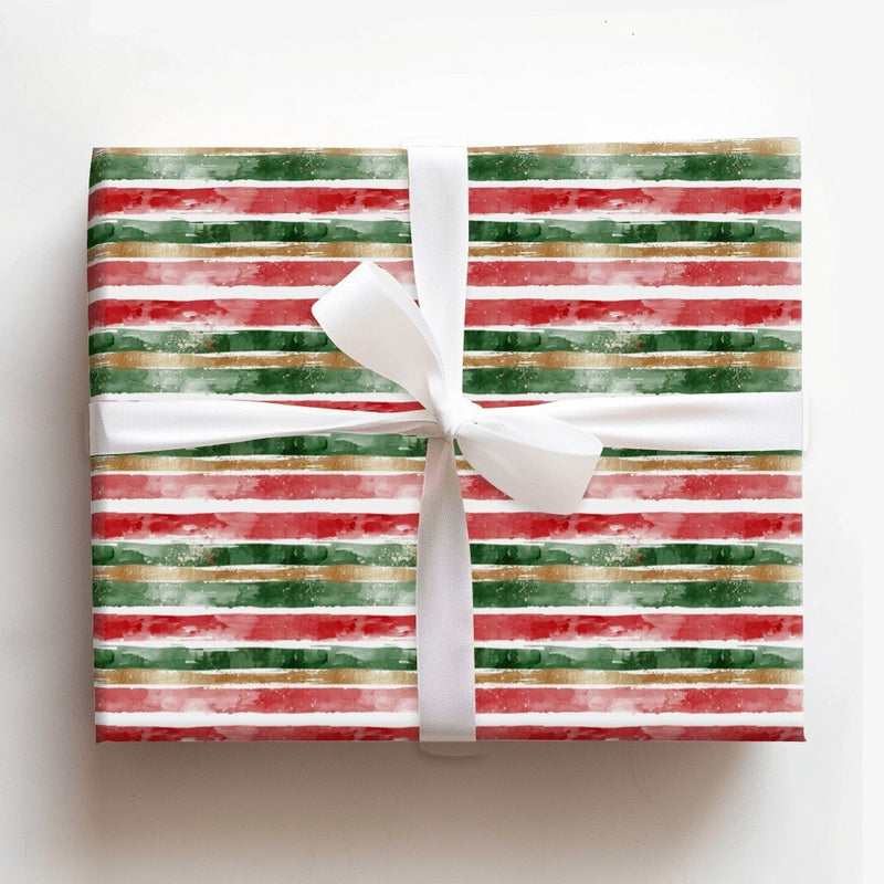 Red Green Gold Gift Wrap, Watercolor Stripe Wrapping Paper, Artistic Brushstroke Wrapping Paper, Festive Christmas Holiday Wrapping Paper