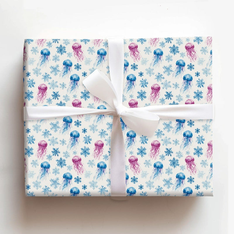 Winter Ocean Christmas Wrapping Paper, Watercolor Jellyfish Snowflake Wrapping Paper, Coastal Holiday Wrapping Paper, Whimsical Gift Wrap