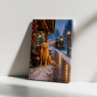 Winter Train Station Dog Wall Art, Golden Retriever Christmas Canvas, Snowy Holiday Golden Retriever Print, Festive Steam Train Canvas Art