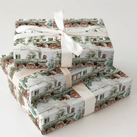 Snowy Pine Tree Holiday Gift Wrap Roll, Vintage Green Train Christmas Wrapping Paper, Retro Winter Present Paper, Kids Xmas Gift Wrap