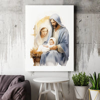Watercolor Mary Joseph Baby Jesus Manger Scene, Holy Family Nativity Canvas Wall Art, Christian Christmas Digital Download Print Decor