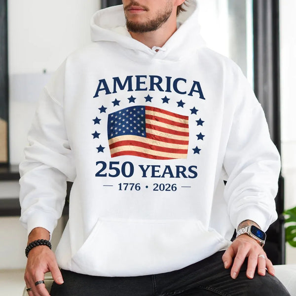 America 250 Years Hoodie | Vintage USA Flag 1776-2026 Anniversary Design | Soft Cotton-Polyester Blend | Patriotic Gift for History Lovers