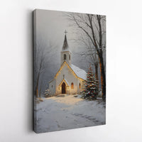 Snowy Christmas Chapel Canvas Print, Winter Church Canvas Wall Art, Glowing Winter Chapel Wall Art, Christmas Church Digital Download
