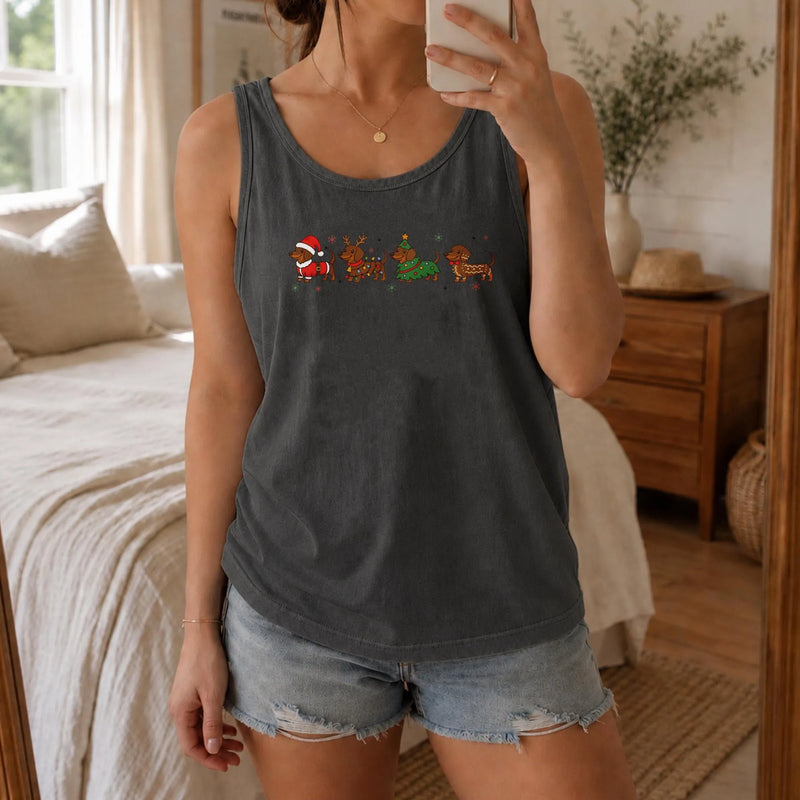 Wiener Dog Santa Hat Tank, Christmas Dachshund Tank Top, Holiday Dog Lover Sleeveless Tee, Retro Xmas Dachshund Tank Top, Dog Mom Xmas Present