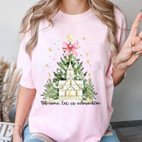 Watercolor Christmas Tree Shirt, Oh Come Let Us Adore Him T-Shirt, Coquette Bow Holiday Tee, Christian Graphic T-Shirt, Xmas Present for Women