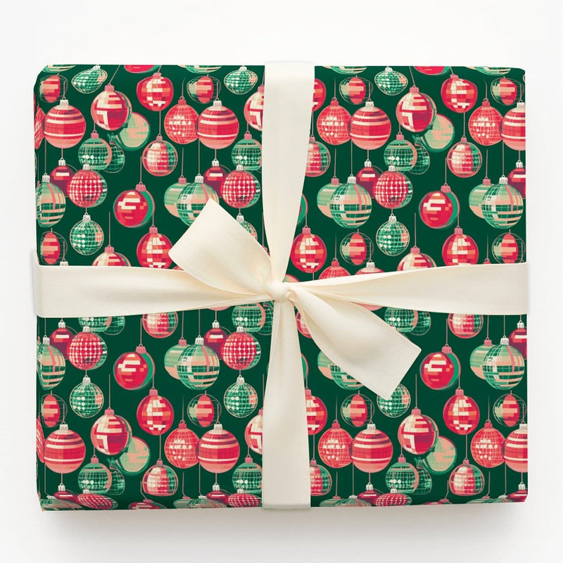 Red and Green Ornament Gift Wrap, Retro Christmas Wrapping Paper, Vintage Holiday Wrapping Paper, Disco Ball Baubles Paper Roll