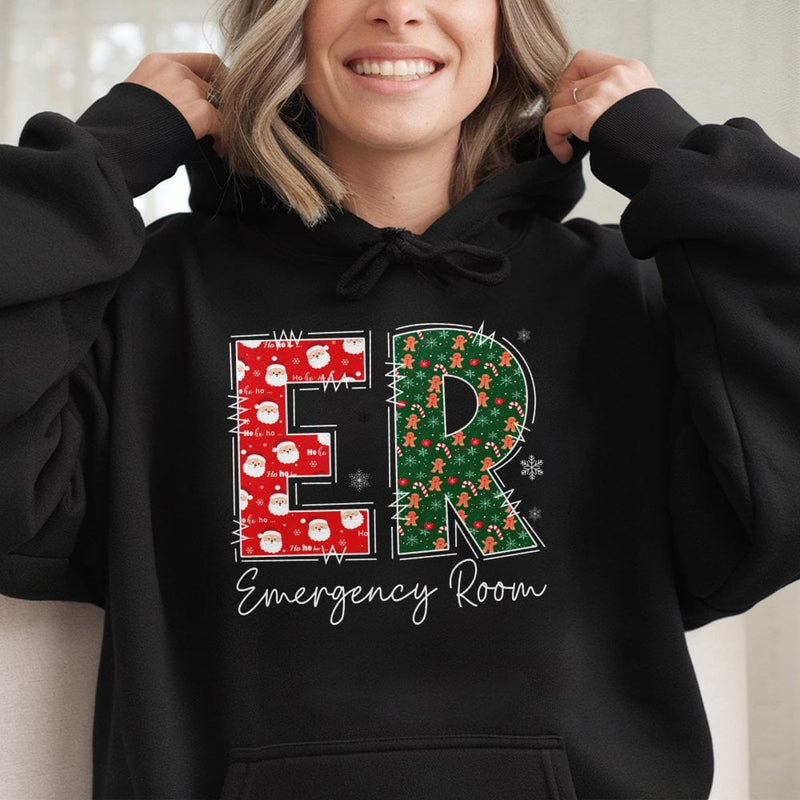 Emergency Room Holiday Graphic Hoodie, ER Nurse Christmas Hoodie, Festive Medical RN Hooded Sweatshirt, Doctor Christmas Present Hoodie