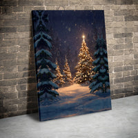 Glowing Winter Forest Print, Snowy Christmas Forest Canvas Wall Art, Comfy Holiday Forest Wall Decor, Winter Night Tree Digital Download