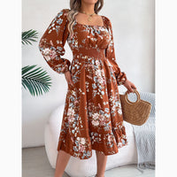 Floral Long-Sleeved Fitted Waist A-Line Skirt With Ruffles