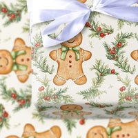 Watercolor Holly Pine Gift Wrap, Gingerbread Man Christmas Wrapping Paper, Festive Holiday Wrapping Paper, Cookie Seasonal Present Packaging