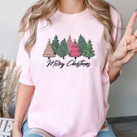 Pink and Green Hand-Drawn Tree Graphic Tee, Merry Christmas T-Shirt, Adorable Holiday Xmas Shirt, Festive Winter Apparel Present