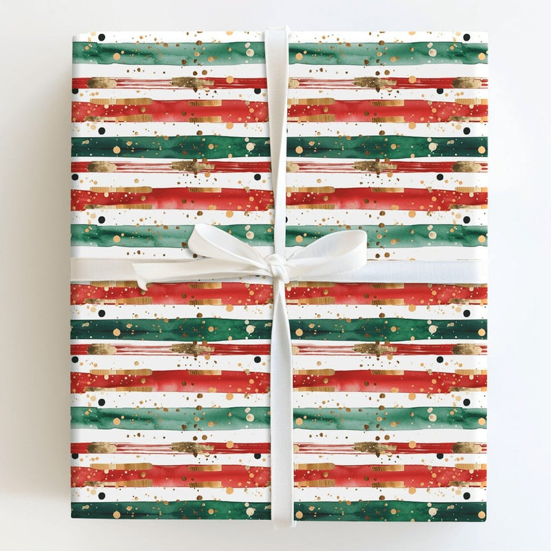 Red Green Gold Stripe Gift Wrap, Abstract Christmas Wrapping Paper, Watercolor Brush Strokes Gift Wrap, Polka Dot Holiday Paper
