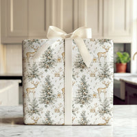 Rustic Watercolor Reindeer Gift Wrap, Woodland Reindeer Wrapping Paper, Winter Pine Tree Reindeer Paper Roll, Christmas Gift Wrapping Paper